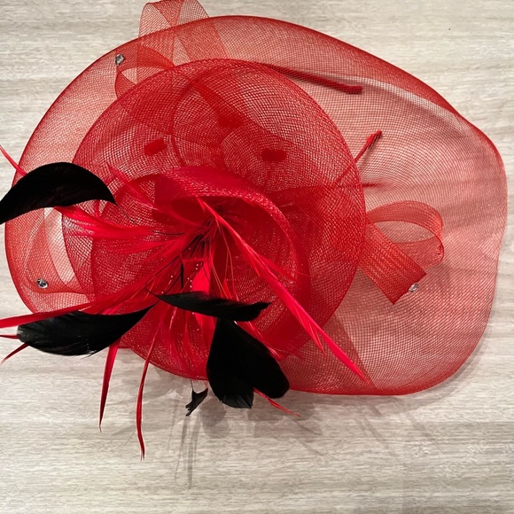 Red headband fascinator headband with feathers Kentucky Derby - Picture 2 of 6